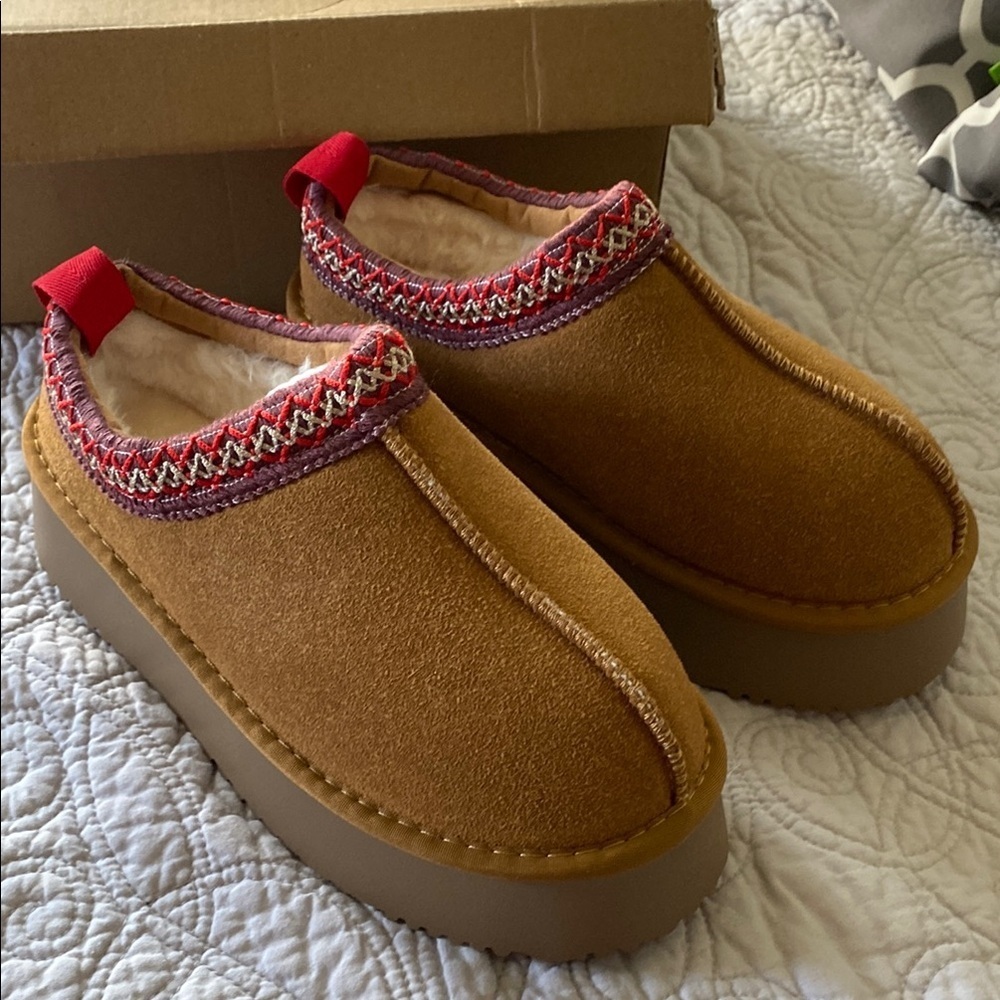 Cozy Tan Slip-On Shoes with Red Accents